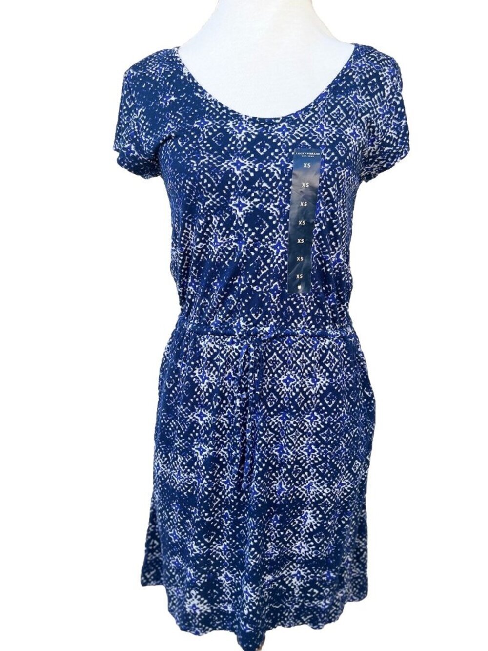Lucky Brand Tile Print Drawstring Dress XS Boho Rayon Pockets